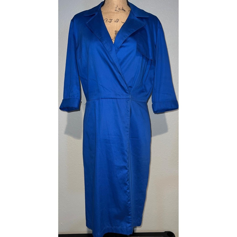 Vintage Liz Claiborne Wrap Dress Womens 10 Blue Good 90s Trench Style Midi